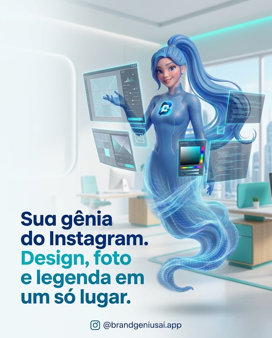 A bright Brand Genius AI post featuring its blue genie character and brand colours.